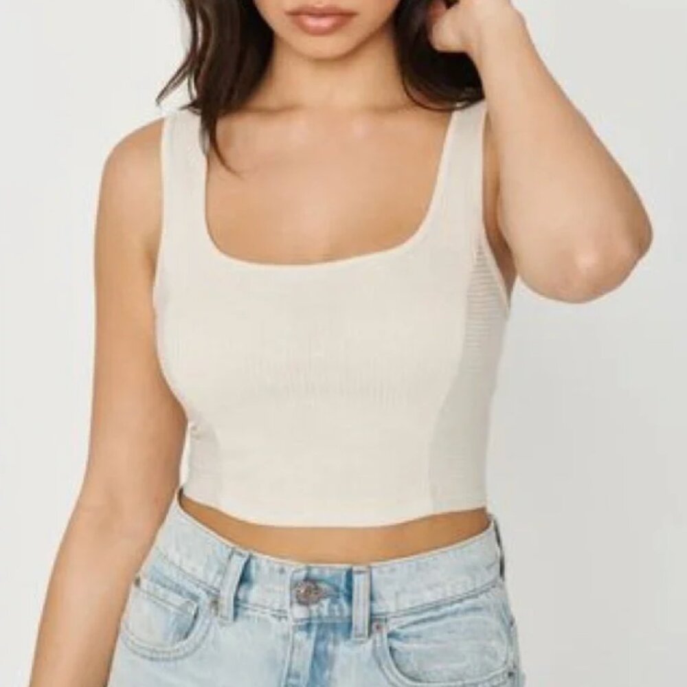 Garage Beige Seamed Ribbed Corset Top